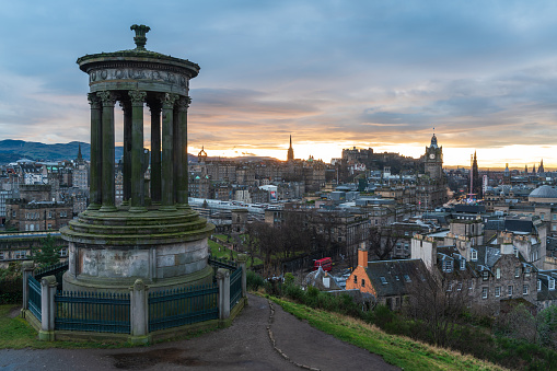 Dugald Stewart Monument and view over historic Edinburgh from Calton Hill, Scotland, UK