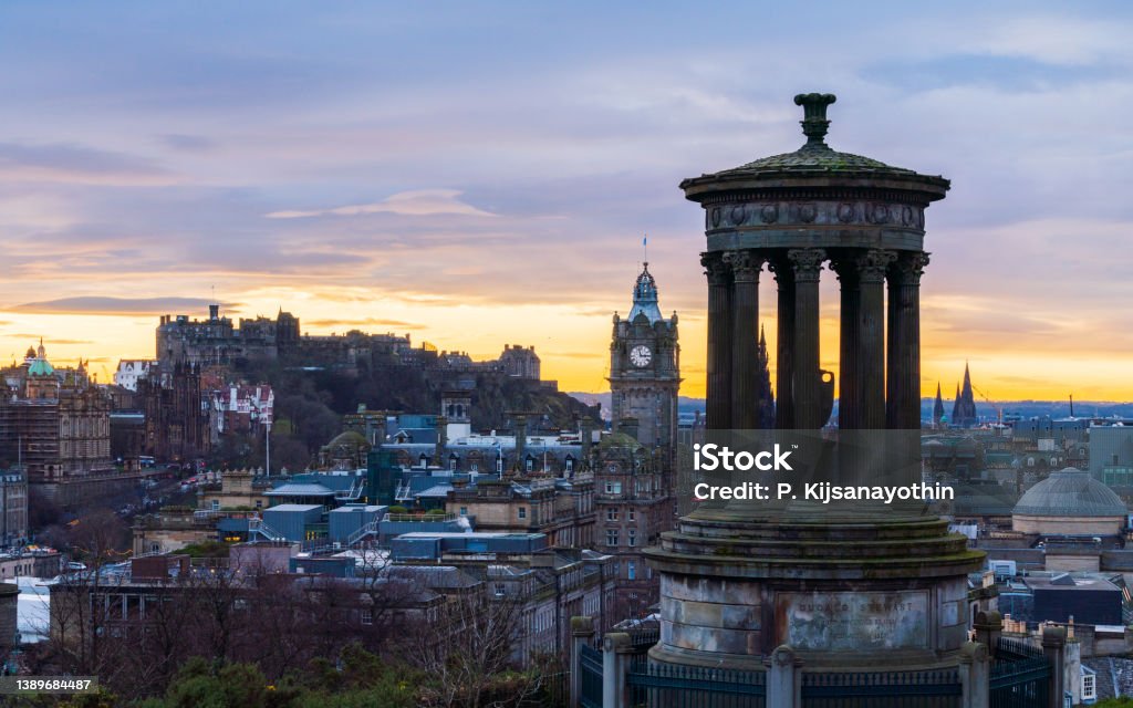 Historic Edinburgh taken from Calton hill at dusk Edinburgh Scotland United Kingdom Famous Place Stock Photo