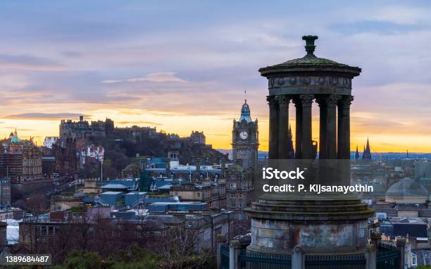 Historic Edinburgh Taken From Calton Hill At Dusk Edinburgh Scotland United Kingdom Stock Photo - Download Image Now