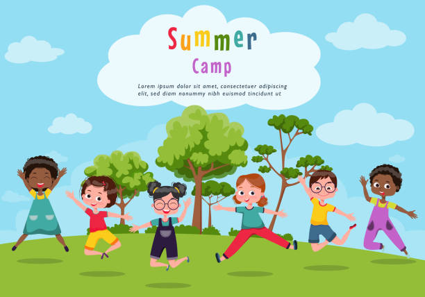 Template for advertising brochure with cartoon of children doing activities on camping, children are jumping on the glade. Kids summer camp poster. Template for advertising brochure with cartoon of children doing activities on camping, children are jumping on the glade. Kids summer camp poster.Fanny vector flyposting illustrations stock illustrations