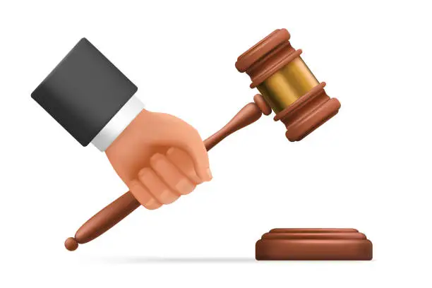 Vector illustration of 3d hand of judge with gavel, arm of lawyer holding hammer on auction or court hearing