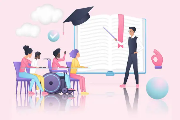 Vector illustration of Inclusive education, man with pointer teaching diverse group of children with disability
