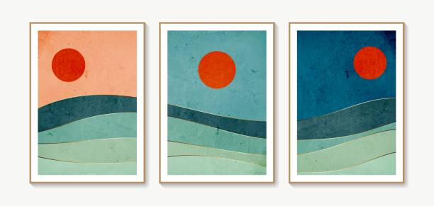 istock Sea and sun wall art set. Vector landscapes backgrounds set with wave and sun. Abstract arts design for wall framed prints, poster, cover, home decor, canvas prints, wallpaper. 1389685520