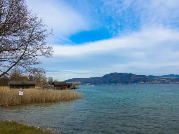 Attersee in the Salzkammergut in Austria. Beautiful natural beach with reeds and stilt huts. Upper Austria, Europe.