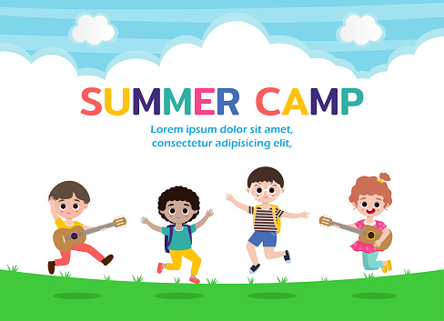 summer camp kids education concept Template for advertising brochure, activities on camping poster your text ,Vector Illustration