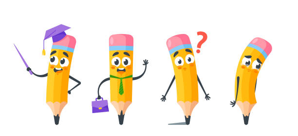 Set of Cartoon Pencils wear Graduation Cap with Pointer, Happy Businessman with Briefcase, Confused Personage vector art illustration