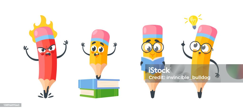 Ilustración de Juego De Lápices Divertidos Humanizados Personaje De Dibujos  Animados Con Gafas Leer Libro Personajes Enojados Y Felices Lápiz  Inteligente y más Vectores Libres de Derechos de Bombilla - iStock