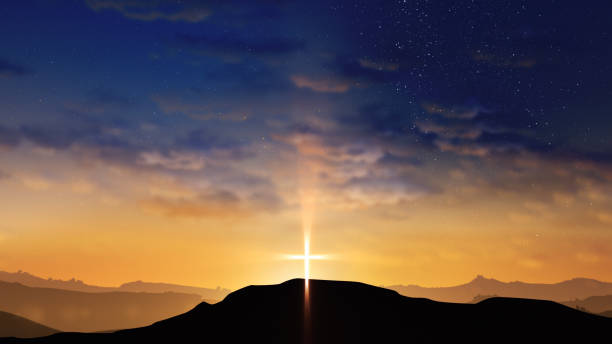 istock Bright cross on the hill with clouds moving on the starry sky 1389691957