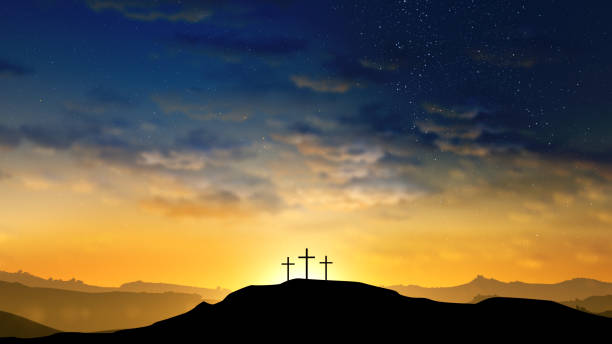 istock Three crosses on the hill with clouds moving on the starry sky 1389691976