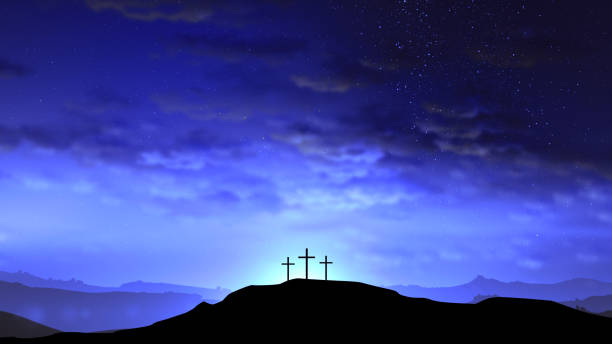 istock Three crosses on the hill with clouds moving on the blue starry sky 1389691991