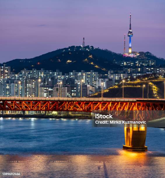 Han River And Seoul Tower On Namsan Mountain In Central Seoul South Korea Stock Photo - Download Image Now