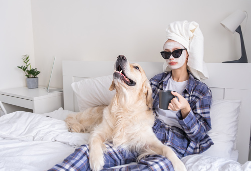 A beautiful girl does spa treatments and has fun with her dog on the bed in the morning. Young woman does a facial and strokes her dog in her bedroom