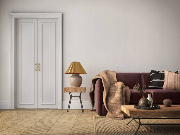 istock Mockup living room interior with wine red sofa,door ,table,lamp.3d rendering 1389695543