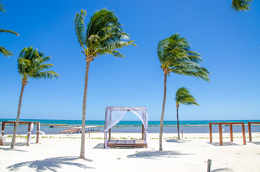 Resting gazebos on the Playa del Carmen beach during day of March