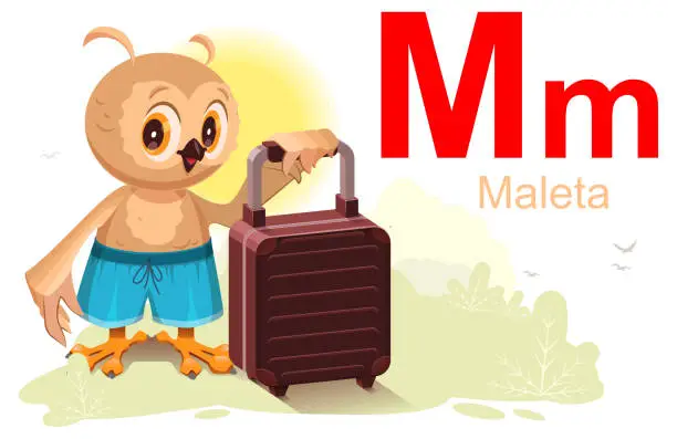 Vector illustration of Spanish abc alphabet letter m maleta translation suitcase. Owl bird keep travel suitcase