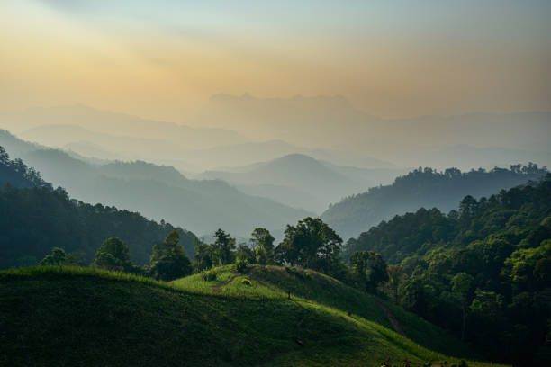 The scenery of the mountain range is hazy due to the PM2.5 problems at Hadubi, Chiang Mai, Thailand.