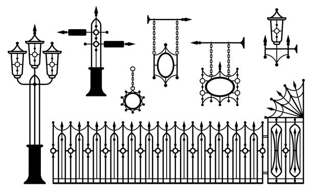 게이트, 간판, 포인터 및 등불이있는 철 울타리. 고립 된 실루엣. 벡터 - wrought iron stock illustrations