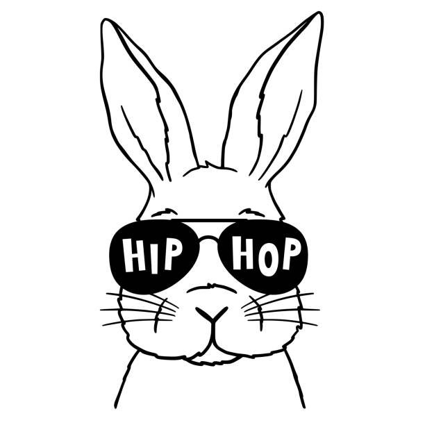 süße rabbit line art. bunny mit pilotenbrille mit schriftzug hip hop. bunny sketch vektorillustration. gut für poster, t-shirts, postkarten. - rabbit humor animal cartoon stock-grafiken, -clipart, -cartoons und -symbole