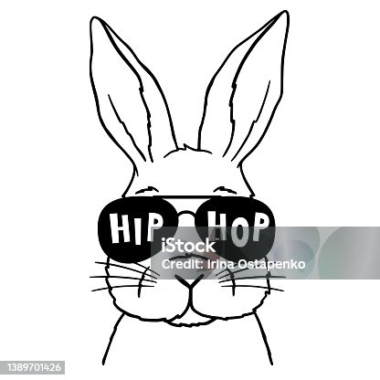 istock Cute Rabbit Line Art. Bunny with aviator glasses with lettering Hip Hop. Bunny sketch vector illustration. Good for posters, t shirts, postcards. 1389701426