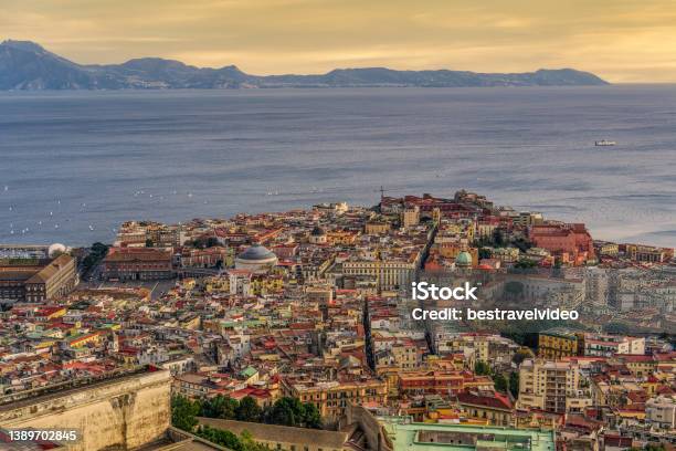Naples Italy Evening Panorama Of City Center Coastal Section Stock Photo - Download Image Now