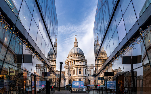 The old and modern, Reflection of Saint Paul cathedral, London United Kingdom.