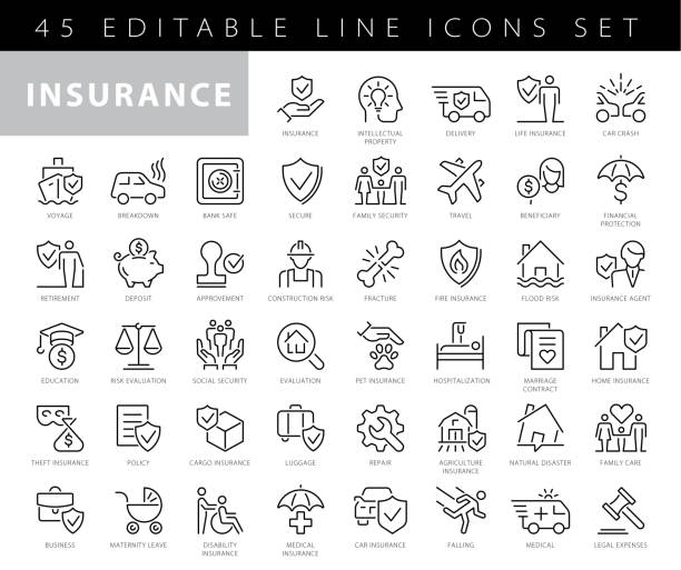 保険関連の行アイコンのコレクション。48x48ピクセルパーフェクト。編集可能なストローク - 保険点のイラスト素材／クリップアー��ト素材／マンガ素材／アイコン素材