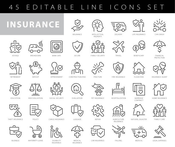 보험 관련 라인 아이콘의 컬렉션입니다. 48x48 픽셀 완벽한. 편집 가능한 스트로크 - auto accidents symbol insurance computer icon stock illustrations