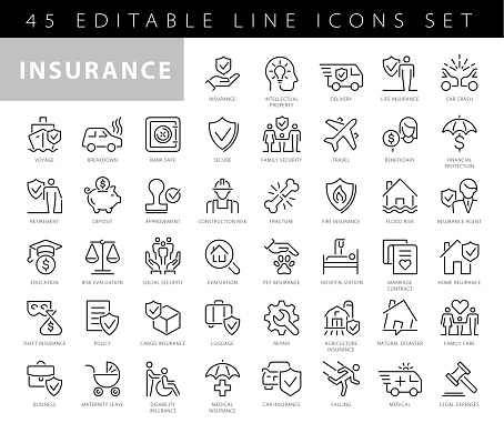 Collection of insurance related line icons. 48x48 Pixel Perfect. Editable stroke