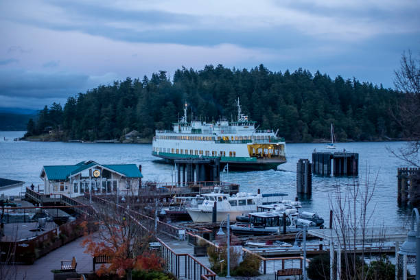 View of the Tillikum Washington State Ferry docking on San Juan Island, about to unload its passengers at dusk. Friday Harbor, WA USA - circa November 2021: View of the Tillikum Washington State Ferry docking on San Juan Island, about to unload its passengers at dusk. bainbridge island stock pictures, royalty-free photos & images