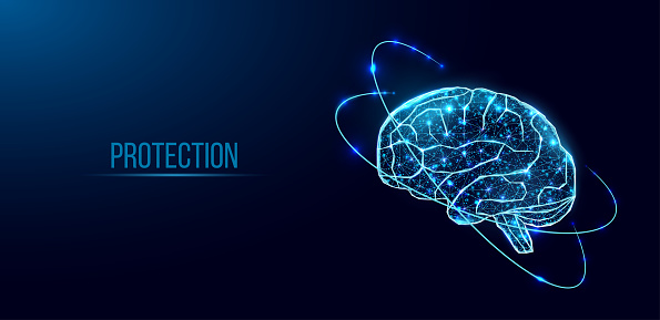 Human brain. Wireframe low poly style. Concept for medical, brain cancer, neural network.  Abstract modern 3d vector illustration on dark blue background.