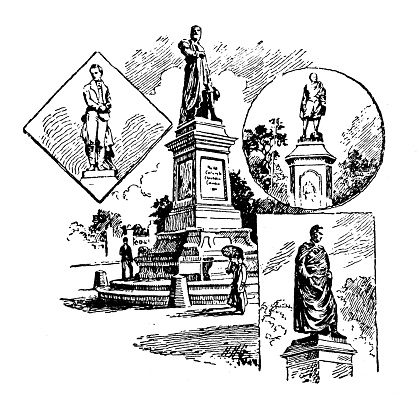 Antique illustration of USA, Missouri landmarks and companies: St Louis statues: Humboldt, Columbus, Shakespeare, Benton