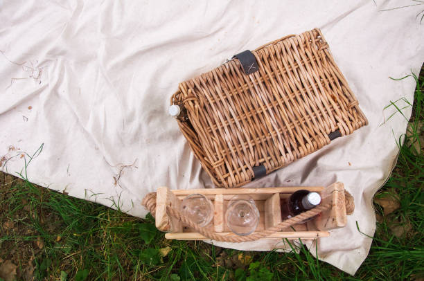 istock Picnic basket, wine glass and wine 1389708767