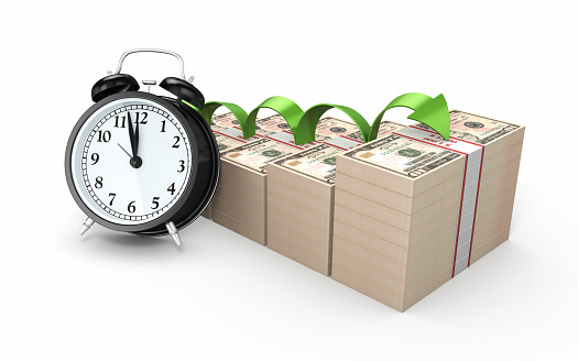 3d render $10 Banknote and Alarm clock (isolated on white and clipping path)
