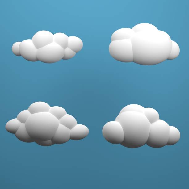istock Set of clouds 3D render on blue sky background. Icon, logo collection. Abstract geometric minimalist style. Simple cute cartoon design. 1389710069