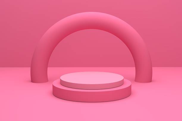 istock 3D render podium in pacific pink color with arch column on pink background. Circle stage mockup for product display. Abstract geometric minimalist style for product or cosmetic presentations. 1389710078