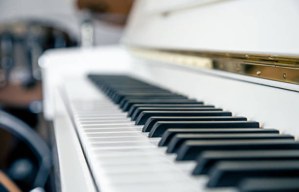 istock Close-up of white piano keys, musical background. 1389710095