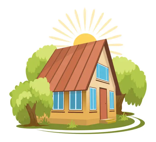 Vector illustration of Summer landscape. House surrounded by trees