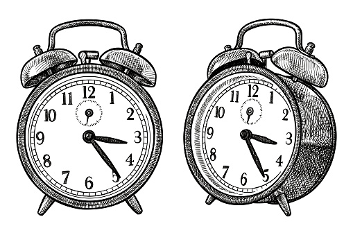 Hand drawn illustration of an old alarm clock. Front and 3/4 views.