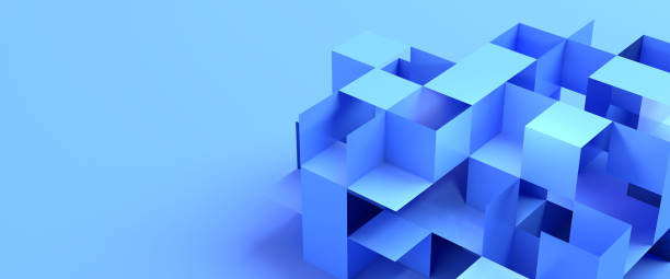 Abstract blue boxes piled up. Some surfaces removed. Web banner format stock photo