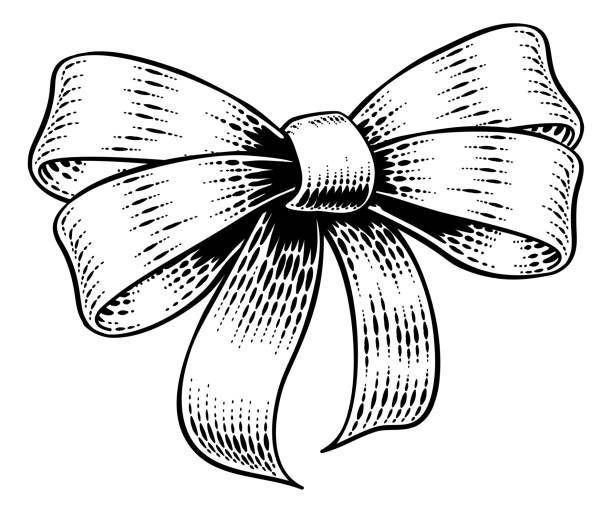 bow gift ribbon vintage woodcut grawering style - white background gift christmas wrapping paper stock illustrations