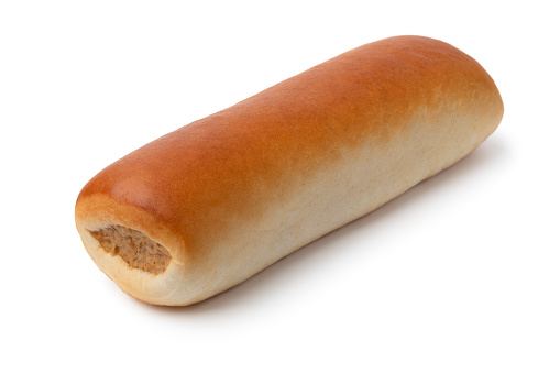Single Brabantian fresh baked sausage roll close up for a snack isolated on white background