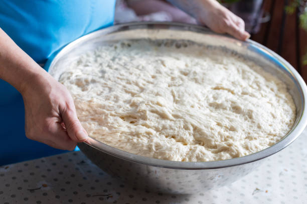istock Woman holding bowl with dough. Closeup, selective focus. 1389715761