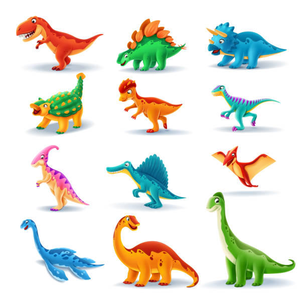 illustrazioni stock, clip art, cartoni animati e icone di tendenza di set di simpatici dinosauri dei cartoni animati - stegosauro