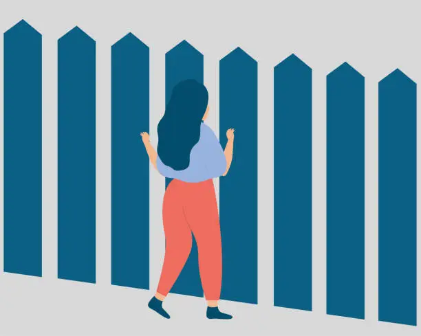 Vector illustration of Young woman looks at the other side through the gap. Girl stands in front of a high fence, faces hard obstacles on her life. Concept of human rights and business opportunities.