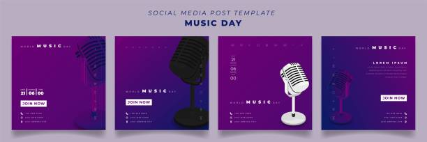 음악의 날 디자인을위한 마이크와 사각형 보라색 배경소셜 미디어 게시물 템플릿의 세트 - organized group audio stock illustrations