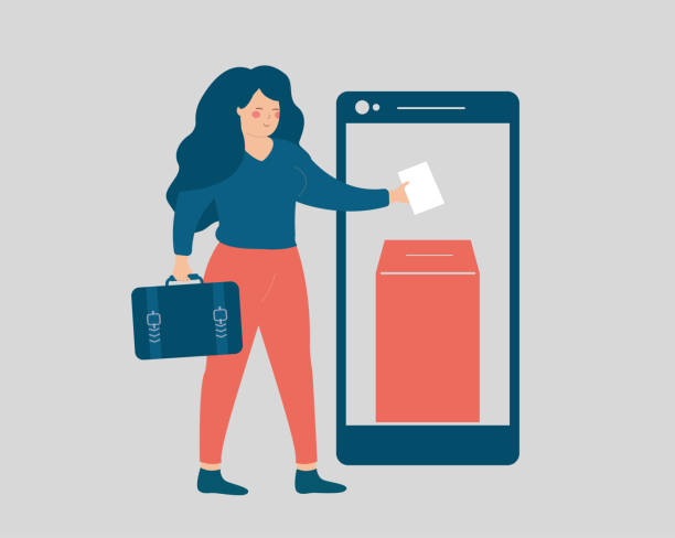 Young businesswoman voted online using her phone. Business woman put the ballot into the box over her smartphone. Politics, e-voting and online election concept. Young businesswoman votes online using her mobile phone. Business woman put the ballot into the box over her smartphone. Politics, democracy, e-voting and online election concept. Vector illustration electronic voting stock illustrations