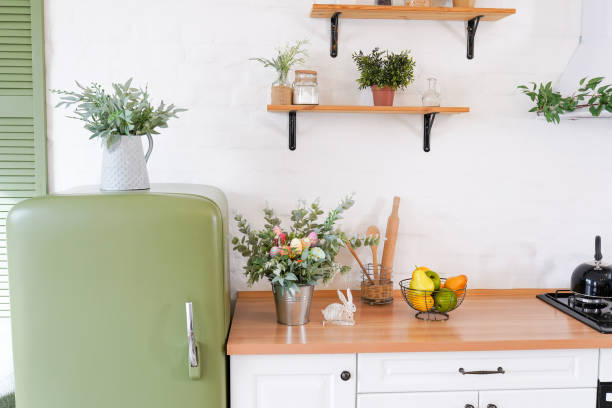istock Easter bouquet and eggs on the table In white Scandinavian-style kitchen. Beautiful greeting card. The minimal concept 1389718228