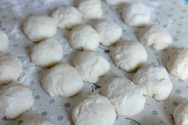 Balls from the dough for pies. Baking at home. Selective focus