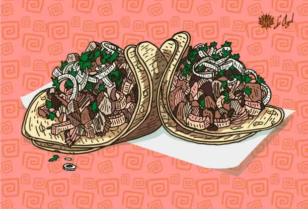 Vector illustration of mexican street food, tacos de carnitas