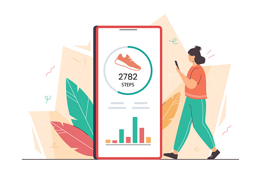 Flat woman using mobile for counting steps. Girl hold phone with pedometer or fitness tracker. Step counter app on smartphone. Track daily walking progress on device screen. Healthy lifestyle concept.